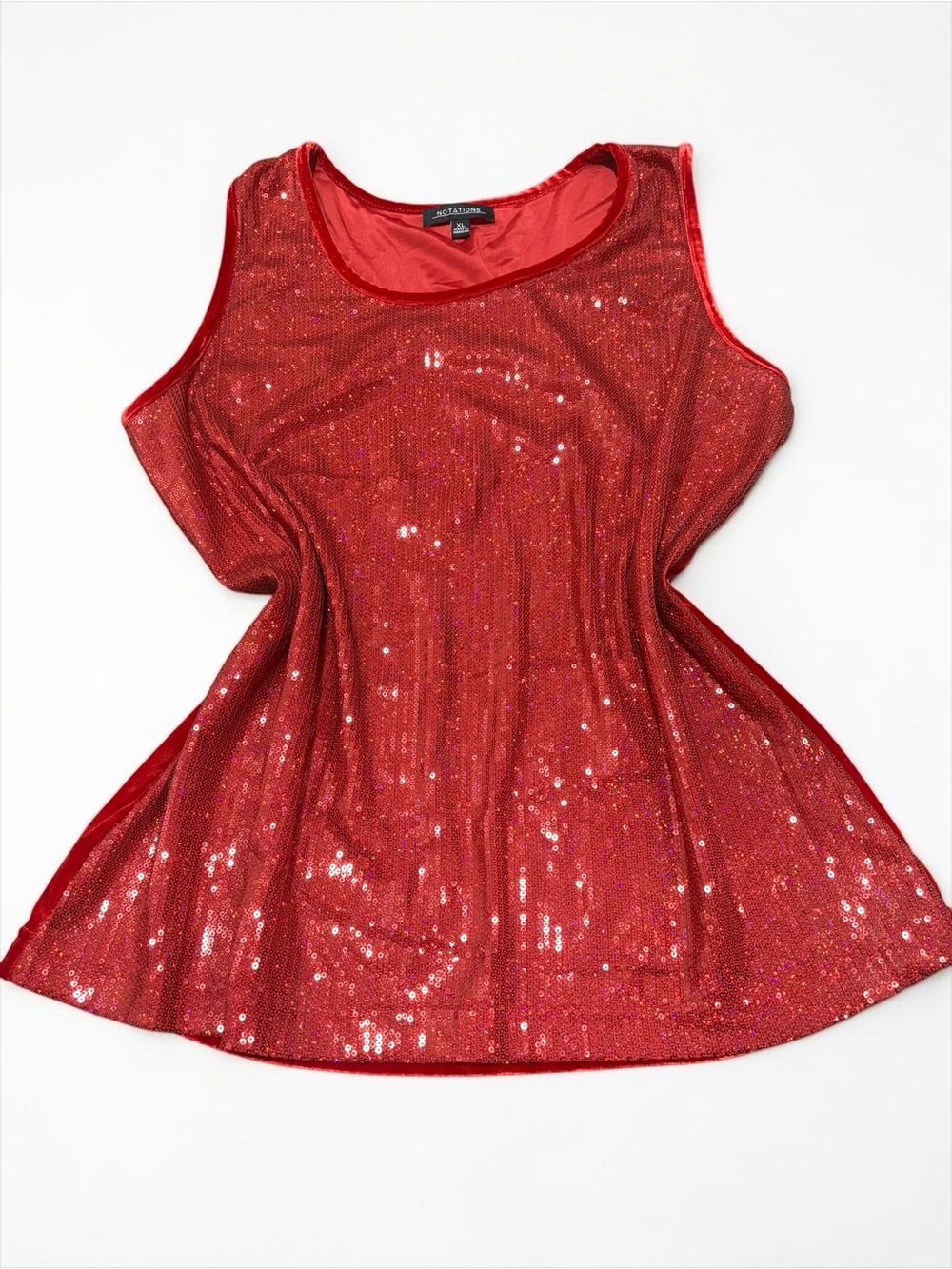 Vintage Y2K Notations Bold Red Holographic Sequin Velvet Tank Top XL